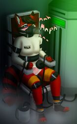 1boy akira_(character) anthro balls blush bodily_fluids bondage bound collar dominant gag genitals heterochromia hi_res hybrid laboratory lactating machine male male_only mammal multiple_orgasms muzzled nanori-chan overstimulation penis_milking penis_milking_machine procyonid questionable_consent raccoon restraints science sex sex_toy solo straitjacket straps study sweating training