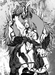 1boy 1girls abs akuja-dream antennae athletic_female athletic_male bat_wings belly_button big_breasts black_and_white bleach clawed_fingers claws crossover demon_girl demon_tail deviantart devilman devilman_lady fit_female fit_male horns ichigo_kurosaki inoue_orihime long_hair monochrome monster muscular_arms muscular_female muscular_male muscular_thighs navel six_pack