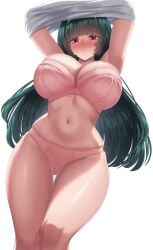 armpits arms_up astra_yao curvy danndy danndy180 embarrassed full-face_blush huge_breasts lace_trim lingerie lingerie_bra looking_at_viewer navel pink_lingerie pout slender_waist small_waist thick_thighs undressing voluptuous wide_hips zenless_zone_zero