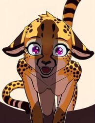 ai_generated all_fours anthro awe cheetah completely_nude countershading crawling female female furry hanging_breasts heart-shaped_pupils lithe looking_at_viewer nipples open open_mouth penis_awe penis_shadow purple_eyes skinny small_breasts solo zorkpics