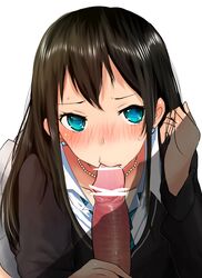 adjusting_hair blush brown_hair cardigan censored duo earrings fellatio female han_(jackpot) handjob idolmaster idolmaster_cinderella_girls jewelry long_hair looking_at_viewer necklace necktie oral penis school_uniform shibuya_rin solo_focus straight