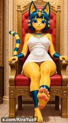5_toes absurd_res ai_generated animal_crossing ankha ankha_(animal_crossing) anthro barefoot blue_eyeshadow blue_hair blue_pawpads bottomwear breasts chair claws clothing domestic_cat dress eyeshadow feet felid feline felis female foot_fetish foot_focus fur furniture furry hair hi_res humanoid_feet kirayuzif makeup mammal nintendo pawpads paws plantigrade purple_eyes skirt soles solo tail throne throne_room toes white_bottomwear white_clothing white_dress white_skirt wrinkled_feet wrinkles yellow_body yellow_fur