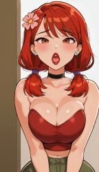 ai_female ai_generated bare_shoulders black_choker blush breasts brown_eyes choker cleavage collarbone crop_top earrings female flower green_pants hair_flower hair_ornament jewelry large_breasts lipstick looking_at_viewer low_twintails makeup medium_hair midriff navel open_mouth pants pink_flower red_hair red_lips red_shirt short_twintails solo strapless stud_earrings tongue tongue_out total_drama:_revenge_of_the_island total_drama_island tube_top twintails upper_body zoey_(tdi)