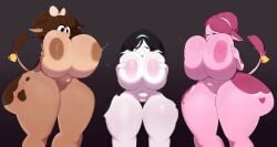 2022 absurd_res accessory anthro areola ass bell big_breasts big_butt biped black_body black_hair bodily_fluids bovid bovine bow_accessory bow_ribbon breasts brown_body brown_hair cattle character_request closed_eyes digital_drawing_(artwork) digital_media_(artwork) eyebrows eyelashes female front_view genitals group hair hair_accessory hair_ribbon hair_tie hairbow hand_on_breast hi_res holding_breast huge_breasts lactating low-angle_view mammal markings mu_(artist) multicolored_body navel nipples nude nude_female pink_body pink_hair pussy raised_inner_eyebrows ribbons simple_background standing tail tail_tuft thick_thighs trio tuft two_tone_body white_body wide_hips widescreen