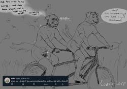 anthro bicycle blush bodily_fluids bottomwear canid canine canis clenched_teeth clothing conkycorp cum cum_in_clothing cum_through_clothing dialogue domestic_dog duo ejaculation genital_fluids hands-free hi_res looking_pleasured male male/male mammal outside shorts spandex spandex_shorts spontaneous_ejaculation teeth tight_bottomwear tight_clothing tight_shorts vehicle wet wet_clothing