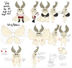 4_arms ahoge antennae_(anatomy) ass back_view band_shirt belly black_eyes breasts clothing copypasta dark_sclera ear_piercing earrings female huge_breasts inverted_nipples jewelry lace lace-trimmed_bra lace_trim moth_girl multi_arm multi_limb neck_tuft notrip overflowing_breasts panties plaid_skirt reference_sheet shortstack sidewinder_breasts supernumerary_nipples suspender_skirt tan_hair thick_thighs torn_clothes torn_pantyhose underwear vivi_(notrip)