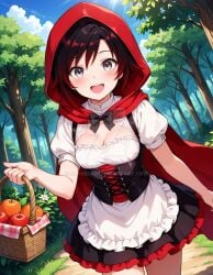 2025 ai_generated animated black_eyebrows deviantart elryusam food_on_basket forest forest_background grey_eyes holding_basket little_red_riding_hood little_red_riding_hood_(copyright) little_red_riding_hood_(cosplay) looking_at_viewer meta not_porn open_mouth red_and_black_hair red_cape red_cheeks ruby_rose rwby smile_at_viewer smiling_at_viewer tv_show