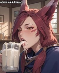 1girls ai_generated animal_ears artifical_art bird_girl blush cum cum_in_mouth cum_on_tongue drinking_cum face_markings facial_mark league_of_legends league_of_legends:_wild_rift light-skinned_female long_hair open_mouth pale-skinned_female perfect_body red_hair solo tongue_out voluptuous_female xayah yellow_eyes
