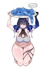 black_hair blue_eyes blue_lipstick empty_eyes expressionless eyeshadow female female_only femsub gloves honkai_impact_3rd huangquan kneeling lipstick makeup opera_gloves personality_excretion seele_vollerei short_hair simple_background solo tray