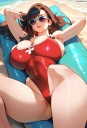 1girls 2d ai_generated big_breasts black_hair female female_focus female_only final_fantasy final_fantasy_vii lifeguard long_hair lying one-piece_swimsuit outdoors red_swimsuit solo solo_female solo_focus sunglasses swimsuit tagme tifa_lockhart