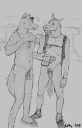 2boys anthro backpack balls canid canine casual_nudity clothing conkycorp duo equid equine flaccid footwear footwear_only genitals hi_res horse male male/male mammal mostly_nude navel nipples nude penis pubes shoes shoes_only