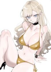 1girls big_breasts bikini bikini_bottom bikini_top blonde_hair blue_eyes color ear_piercing egaki_numa female_human gold_bikini gyaru high_heels hourglass_figure human konno_komaru large_breasts light-skinned_female long_hair looking_at_viewer namaiki_na_gal_ane_wo_wakaraseru_hanashi navel navel_piercing pierced_belly_button piercing piercings slim_waist thick_thighs white_background wide_hips