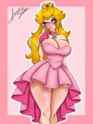 blonde_hair blue_eyes blush chocker cleavage cleavage_overflow crown dress earrings gloves long_hair mario_(series) pink_clothing princess_peach puckered_lips short_dress sophie_queen11 thick_thighs wink winking_at_viewer