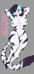 anthro ass big_breasts big_butt black_hair black_nose blue_eyes blue_hair blue_nipples blue_pussy breasts dharmony female fur fur_markings genitals hair hi_res humanoid leyla_katzend long_tail markings muscular nipples pussy short_hair simple_background solo strong_female tail white_body wide_hips