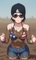 aged_up ai_female ai_generated ass backwards_baseball_cap bigmic145 bikini black_hair boruto:_naruto_next_generations breasts cap cosplay female female_only grand_theft_auto grand_theft_auto_vi jean_shorts jorts medium_breasts mud mud_girl_(gta_vi) mud_pit muddy naruto naruto_(series) navel sarada_uchiha shades shorts sunglasses tease teasing