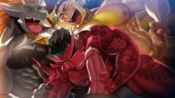 3boys abs absol_(dkqthf) another_eidos_of_dragon_vein_r anthro anthro_on_human bara beard beefy biceps big_areola big_breasts big_glans big_penis black_hair blonde_hair blue_eyeshadow blush breast_bigger_than_head breasts broad_shoulders brown_hair censored censored_penis chest_hair chest_tuft clawed_fingers claws clenched_teeth closed_eyes completely_nude cross_scar daddy demon demon_horns dilf domination dragon_humanoid dutch_angle erection eyebrow_scar forked_eyebrows frenulum from_behind from_behind_position furry gay grin group group_sex hand_on_head hi_res holding_penis huge_breasts huge_cock human humanoid hunk imminent_anal imminent_fellatio imminent_oral imminent_penetration imminent_sex irezumi laugh long_hair long_penis looking_at_another male male/male male_breasts male_only manly maou_abusorun mature_male mosaic_censoring multicolored_hair muscles muscular muscular_arms muscular_legs muscular_male muscular_thighs oni oni_horns oppai pecs penis penis_bigger_than_head penis_size_difference pointy_ears precum precum_bubble precum_drip pubic_hair red_body red_penis sanpaku scar scar_across_eye scar_on_face sharp_teeth shaved_side short_hair sideburns six_pack small_pupils spiked_shoulders spikes standing tattoo tattoo_on_butt tattoo_on_chest tattoo_on_legs tattoo_on_stomach tattooed_arm thick_eyebrows thick_neck thick_penis threesome tongue_out tough_guy triceps two_tone_hair veiny_arms veiny_penis yakuza_tattoo yaoi yellow_sclera