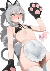:o bikini_top black_bikini bottomless cat_ears cat_girl cat_paws cat_tail catgirl dutch_angle embarrassed fangs full-face_blush heart-shaped_pupils honkai:_star_rail low-angle_view no_panties one_arm_up paw_gloves pien_cat_(needy_girl_overdose) ribs silver_wolf_(honkai:_star_rail) small_breasts white_apron