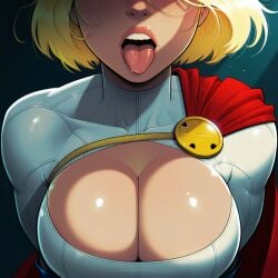ai_generated big_breasts blonde_hair cleavage dc dc_comics defeated dramatic_lighting female karen_starr large_breasts open_mouth power_girl ready_to_fuck sexy submissive submissive_female superhero_costume superheroine superman_(series) tongue tongue_out waiting
