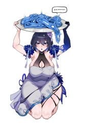 black_hair blue_eyes blue_lipstick clothed empty_eyes expressionless eyeshadow female female_only femsub gloves honkai_impact_3rd huangquan kneeling lipstick makeup opera_gloves personality_excretion seele_vollerei short_hair simple_background solo tray white_background