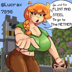 1:1 1boy 1girls a_minecraft_movie alex_(minecraft) big_breasts braid braided_hair braided_ponytail breasts brown_hair female green_eyes huge_breasts jack_black large_breasts lucrax7898 male meme meme_reference minecraft orange_hair ponytail steve_(minecraft)