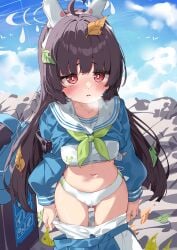 absurdres animal_ears bird black_hair blue_archive blue_shirt blue_skirt blue_sky bra cameltoe cloud commentary day fake_animal_ears female green_neckerchief halo highres hua-huahua leaf leaf_on_head long_hair miyu_(blue_archive) navel neckerchief outdoors panties pantyhose pussy_juice rabbit_ears red_eyes sailor_collar shirt skirt sky solo trash_can underwear white_bra white_halo white_panties white_pantyhose white_sailor_collar