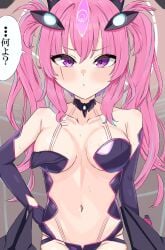 alternate_breast_size areola_slip blush clueless dot_mouth embarrassed grace_(sound_voltex) large_breasts official_alternate_costume peeling sound_voltex useless_clothing wardrobe_malfunction