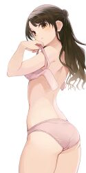 1girls bra brown_eyes brown_hair female fingernails from_behind highres hiroki_(yyqw7151) idolmaster idolmaster_cinderella_girls idolmaster_cinderella_girls_starlight_stage open_bra panties pink_bra pink_panties shimamura_uzuki simple_background solo standing underwear underwear_only undressing unfastened white_background yyqw7151