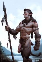 1boy 2025 ai_generated avaru balls braid brown_fur brown_hair canine canine_genitalia canine_penis canis freckles furry genitals hair half_human human humanoid hybrid hybrid_penis loincloth male male/male male_focus male_only mammal mammal_humanoid muscular muscular_male necklace nipples outdoor_nudity outdoors penis primal_wilds sagging_balls spear tagme testicles tribal tribal_jewelry tuft tufted_fur