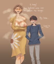 1boy 1boy1girl after_sex age_difference bite bite_mark bite_marks breasts breasts_out brown_background cheating cheating_wife cleavage clothing cucked_by_mother dress fm001 height_difference implied_sex kiss_mark kissing large_breasts larger_female milf mother mother_and_daughters_boyfriend nipple_slip older_female shorter_male smaller_male taller_female wife younger_male