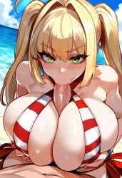 1boy 1girls ai_generated beach big_breasts blonde_hair breasts fate/grand_order fate_(series) fellatio female female_focus green_eyes hips huge_breasts huge_cock large_breasts light-skinned_female male navel nero_claudius_(fate) nero_claudius_(swimsuit_caster) paizuri thick_thighs thighs twintails wide_hips