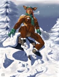 anthro boots breasts brown_body brown_fur clothing cold deer detailed_background female footwear fur genitals gloves hair hairy_pussy handwear hat headgear headwear hi_res l3ftbl4nk lips mammal moose muscular muscular_anthro muscular_female new_world_deer nipples nude nude_anthro nude_female orange_hair plant pubes pussy scarf shoes sitting sky snow snowing solo thick_lips tree