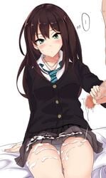 brown_hair cum cum_on_body cum_on_lower_body female green_eyes handjob highres idolmaster idolmaster_cinderella_girls jewelry necklace necktie penis poshi_(ginmokusei) shibuya_rin sitting skirt