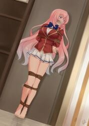 1girls barefoot bondage bound_and_gagged breast_bondage classroom_of_the_elite damsel_in_distress feet female female_only female_solo gagged ichinose_honami_(cote) otm_gag rope_bondage school_uniform schoolgirl shoes_removed socks_removed solo solo_female solo_only tied_up vaka