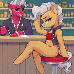 1boy 1girls abs ai_female ai_generated alternate_costume bar bottomless bottomless_female female fit_female friendship_is_magic hasbro legs_crossed mature_female mayor_mare_(mlp) my_little_pony pony posing scalieton self_upload sitting smile tubetop vest