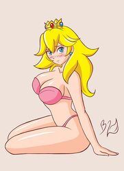 1girls bikini blush boobieboom female female_only human kneeling mario_(series) nintendo princess_peach solo