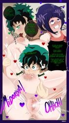 1boy 1girls ahe_gao big_clitoris blush choker comic_page cunnilingus doujin drooling female green_eyes green_hair heart-shaped_pupils izuku_midoriya jiro_kyoka jirou_kyouka kyoka_jiro licking_pussy male midoriya_izuku moaning my_hero_academia page_12 purple_eyes purple_hair sound_effects spanish_text speech_bubble squirting trimmed_pubic_hair