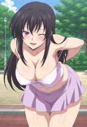 1girls ;d arisato_yu armpits arms_behind_back bangs bare_shoulders bent_over black_hair blue_sky blush breasts camisole clavicle cleavage clothing cloud collarbone covered_nipples cute_face day fallen_angel female female_only female_solo fit_female hair_between_eyes hanging_breasts hi_res high_resolution high_school_dxd highres lamppost large_breasts leaning_forward light-skinned_female light_blush long_hair looking_at_viewer midriff miniskirt navel one_eye_closed open_mouth outdoors park png purple_eyes purple_skirt raynare shiny_skin skirt sky smile smiling_at_viewer solo strap_slip thighs tree very_high_resolution violet_eyes wink