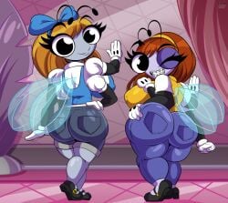 2girls anthro ass big_ass big_breasts blonde_hair braces breasts brown_hair bubble_butt busty camilla_(the_buzz_on_maggie) clothing fat_ass female female_only fly furry gloves hand_on_ass hand_on_hip hand_on_own_ass huge_ass huge_breasts indoors large_ass large_breasts looking_at_viewer looking_back multi_arm multi_limb png ruka_(the_buzz_on_maggie) shadowthespirit shirt shoes shorts smile the_buzz_on_maggie thick_ass thick_thighs wide_hips wings