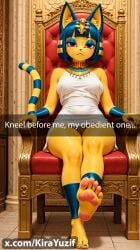 5_toes absurd_res ai_generated animal_crossing ankha ankha_(animal_crossing) anthro barefoot blue_eyeshadow blue_hair blue_pawpads bottomwear breasts chair claws clothing domestic_cat dress eyeshadow feet felid feline felis female foot_fetish foot_focus fur furniture furry hair hi_res humanoid_feet kirayuzif makeup mammal nintendo pawpads paws plantigrade purple_eyes skirt soles solo tail text throne throne_room toes white_bottomwear white_clothing white_dress white_skirt wrinkled_feet wrinkles yellow_body yellow_fur