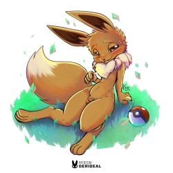 animal_genitalia anthro balls black_nose blush bodily_fluids brown_body brown_eyes brown_fur dipstick_tail eevee fully_sheathed fur generation_1_pokemon genitals grass hi_res kiaun male markings navel neck_tuft nintendo nude outside plant pokeball pokemon pokemon_(species) saliva sheath solo tail tail_markings tongue tongue_out tuft