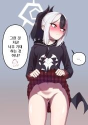 absurdres bar_censor black_choker black_hair black_hoodie black_horns blue_archive blush breasts censored choker clothes_lift commentary_request demon_horns demon_wings ear_piercing earclip female frostblossom full-face_blush grey_halo halo highres hood hoodie horns kayoko_(blue_archive) korean_commentary korean_text lifting_own_clothes long_hair looking_to_the_side multicolored_hair navel open_mouth piercing pussy red_eyes single_wing skirt skirt_lift solo translation_request two-tone_hair white_hair wings