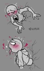 2024 bite biting_lip biting_own_lip blush closed_eyes dialogue english_text grey_background half-closed_eyes heart heart_symbol implied_sex kabeshiri looking_pleasured male moaning narrowed_eyes open_mouth peter_(your_boyfriend) profanity saliva self_bite sharp_teeth simple_background sleipliir stuck_in_wall sweat teeth text through_wall tongue tongue_out your_boyfriend_(game)