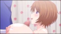 animated areolae atelier_kaguya blush breast_grab breast_press breasts brown_hair censored cleavage clothes cum erect_nipples female gigantic_breasts happy happy_sex huge_breasts human kurasaki_minato male nipples open_mouth paizuri penis purple_eyes shabura_rental shiny shiny_skin short_hair straight