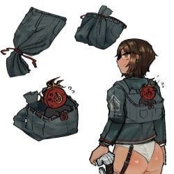 ass boun578 brown_hair dante_(limbus_company) earrings limbus_company orange_eyes outis_(limbus_company) pantsless project_moon tagme white_background white_panties