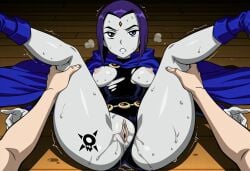 ai_generated horny_female inviting_to_sex legs_spread leotard leotard_aside no_bra no_panties open_legs pussy_juice pussy_juice_drip raven_(dc) seductive_look seductive_pose showing_pussy spread_legs teen_titans teenage_girl teenager wet_pussy
