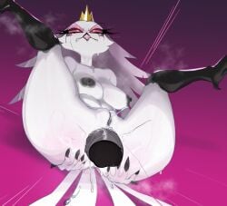 anal anal_sex anthro anus ass avian big_anus big_breasts bird black_nipples bodily_fluids breasts crown disembodied_penis feather_hair feathers female genitals headgear helluva_boss hi_res looking_at_viewer makeup male mascara mature_female mdthetest nipples nude nude_female owl owl_demon penetration penile penile_penetration penis penis_in_ass pink_eyes plump_labia presenting presenting_hindquarters pseudo_hair purple_anus pussy running_makeup running_mascara stella_(helluva_boss) tail tail_feathers tears tiara white_body white_feathers