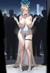1girl ai_generated asuna_(blue_archive) blue_archive blush collar crotch_cutout crotchless crowd double_peace_sign, dress exhibitionism exposed_breasts female high_heels large_breasts nervous nervous_smile nipples public_indecency public_nudity pussy pussy_juice pussy_juice_puddle pussy_juice_trail solo_female standing sweat sweating thigh_strap