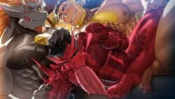 3boys abs absol_(dkqthf) another_eidos_of_dragon_vein_r anthro anthro_on_human arms_behind_back balls bara beard beefy biceps big_areola big_breasts big_glans big_penis black_hair blonde_hair blowjob blowjob_face blue_eyeshadow blush breast_bigger_than_head breasts broad_shoulders brown_hair censored censored_balls censored_penis chest_hair chest_tuft clawed_fingers claws clenched_teeth completely_nude cross_scar daddy demon demon_horns dilf domination dragon_humanoid dutch_angle erection eyebrow_scar fellatio forked_eyebrows frenulum from_behind from_behind_position furry gay grabbing grabbing_arm grabbing_from_behind grabbing_legs grin group group_sex hand_on_head hi_res huge_breasts huge_cock human humanoid hungry_mouth hunk imminent_anal irezumi legs_up long_hair long_penis looking_at_another male male/male male_breasts male_only male_penetrated male_penetrating male_penetrating_male manly maou_abusorun mature_male mosaic_censoring multicolored_hair muscles muscular muscular_arms muscular_legs muscular_male muscular_thighs oni oni_horns oppai oral oral_penetration oral_sex pecs penis penis_bigger_than_head penis_size_difference pointy_ears pubic_hair red_body red_penis rough_sex sanpaku scaled_penis scar scar_across_eye scar_on_face sex sharp_teeth shaved_side short_hair sideburns six_pack small_pupils spiked_shoulders spikes standing sucking tattoo tattoo_on_butt tattoo_on_chest tattoo_on_legs tattoo_on_stomach tattooed_arm teeth_showing thick_eyebrows thick_neck thick_penis threesome tongue_out tough_guy triceps two_tone_hair uncomfortable veiny_arms veiny_penis yakuza_tattoo yaoi yellow_sclera