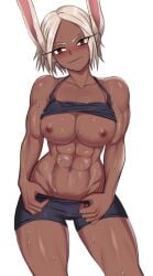 abs animal_ears bike_shorts blush breasts bunny_ears collarbone dark_skin female large_breasts looking_at_viewer miruko muscles muscular muscular_female navel nipples red_eyes short_hair smile solo sweat toned white_hair