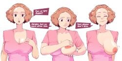 1girls 2d breastfeeding breasts_out brown_eyes brown_hair english_text female female_focus haru_okumura huge_breasts immisterplow inviting large_breasts light-skinned_female light_skin looking_at_viewer mrplow34 nipple_bulge no_bra one_breast_out persona persona_5 talking_to_viewer text white_background